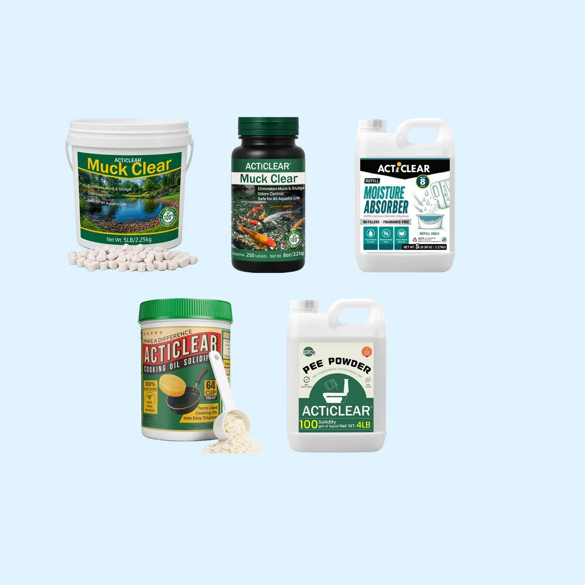 ActiClear product range including pond, indoor moisture, kitchen and portable sanitation formats