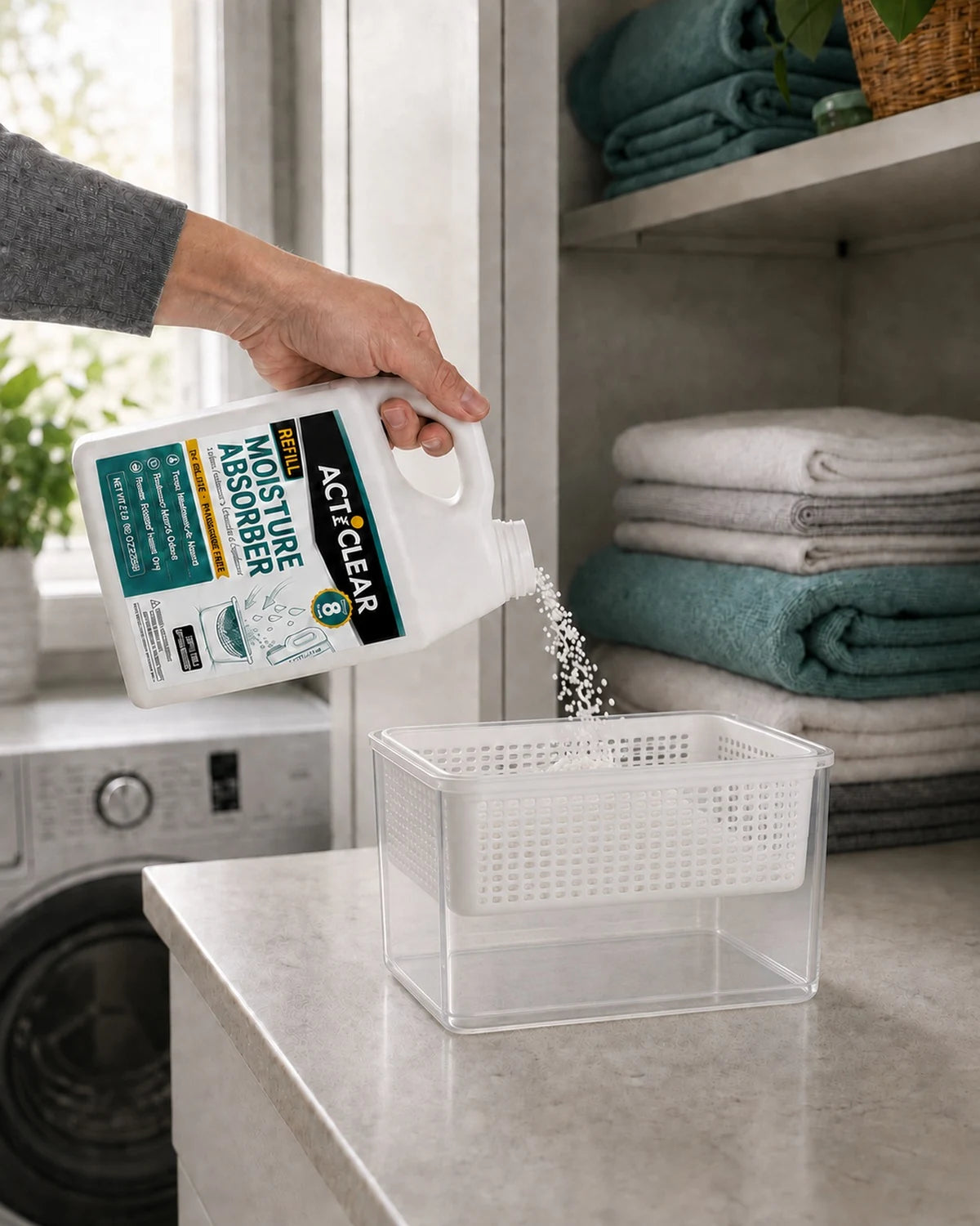 ActiClear Moisture Absorber Refill being poured into a refillable container in a laundry room
