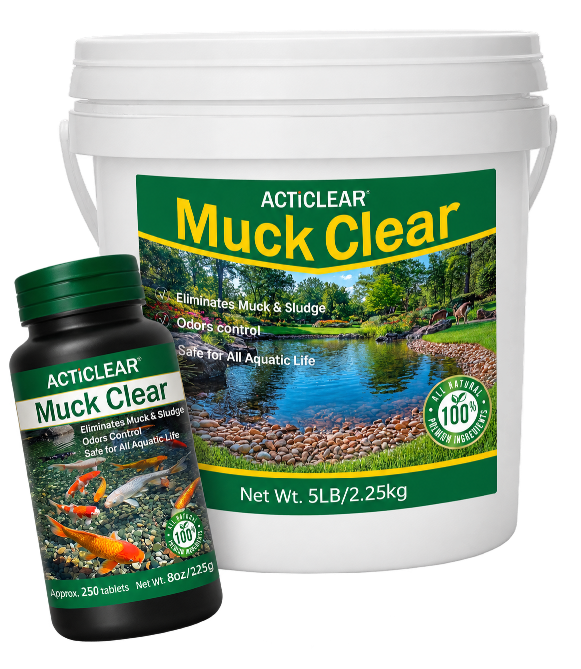 Muck Clear Compact bottle and Large pail shown together.