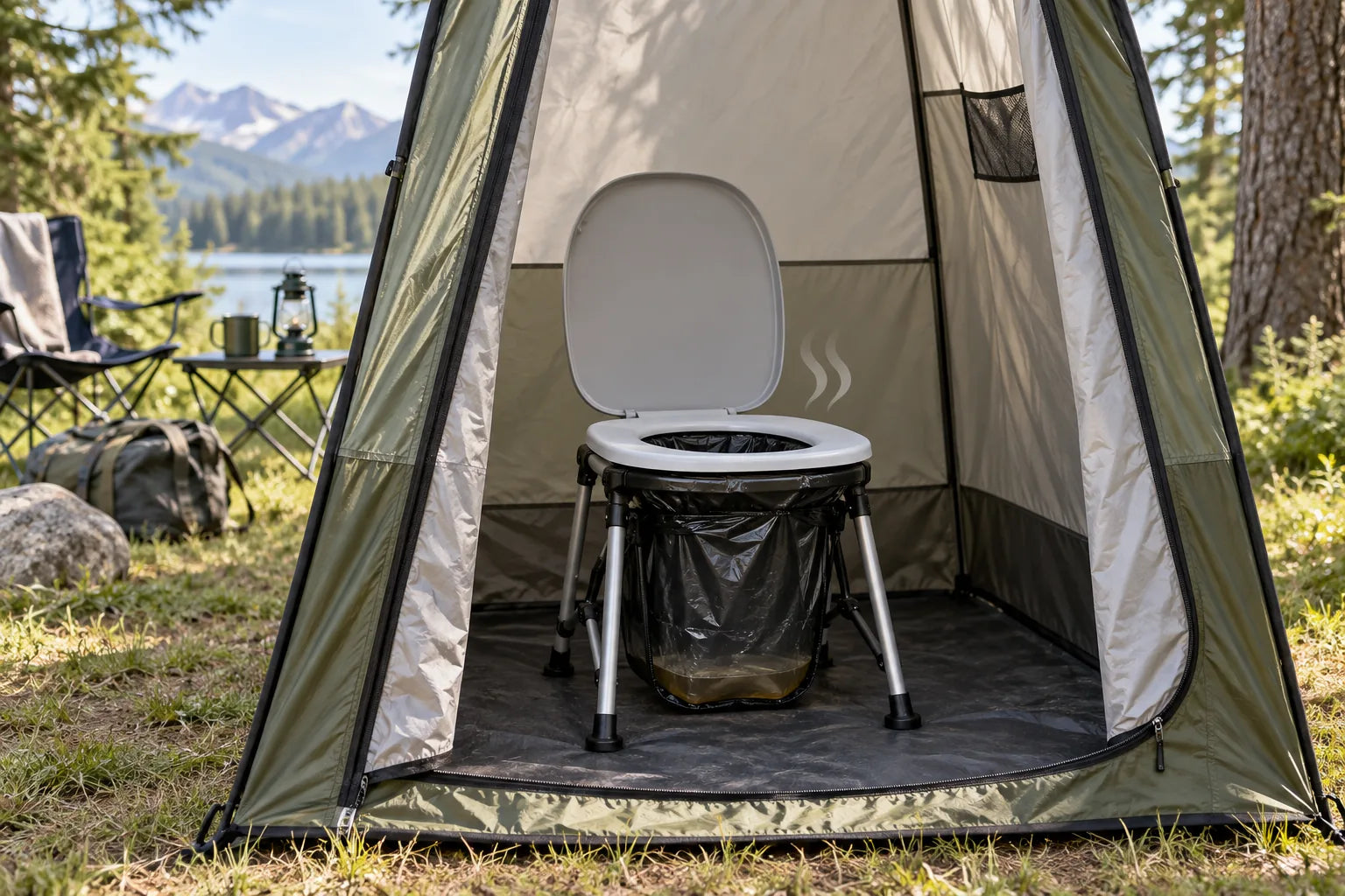 Illustrative campsite with a bag-lined portable toilet in a privacy tent.