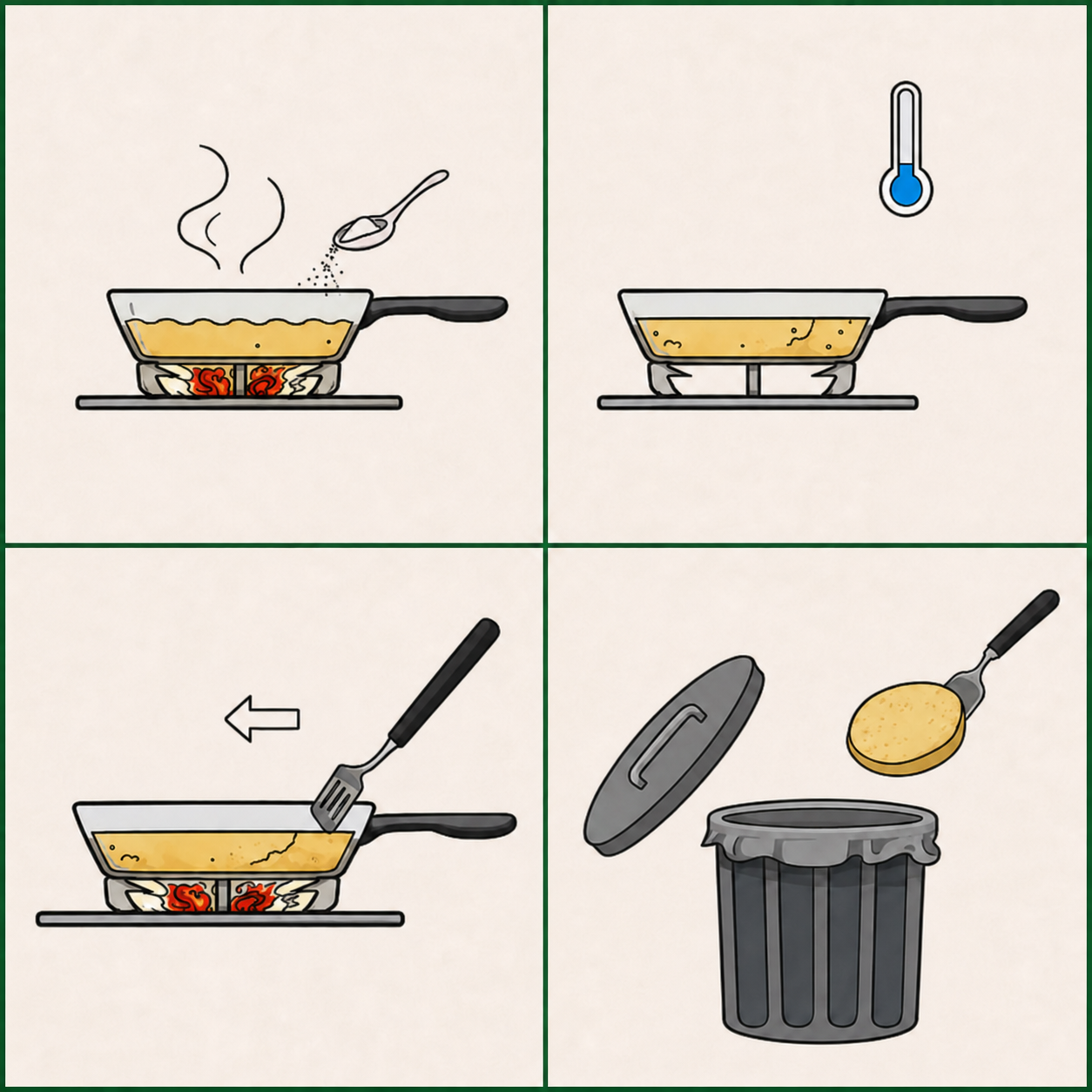 Spoon adding solidifier to hot oil in the pan, matching the label ADD illustration.