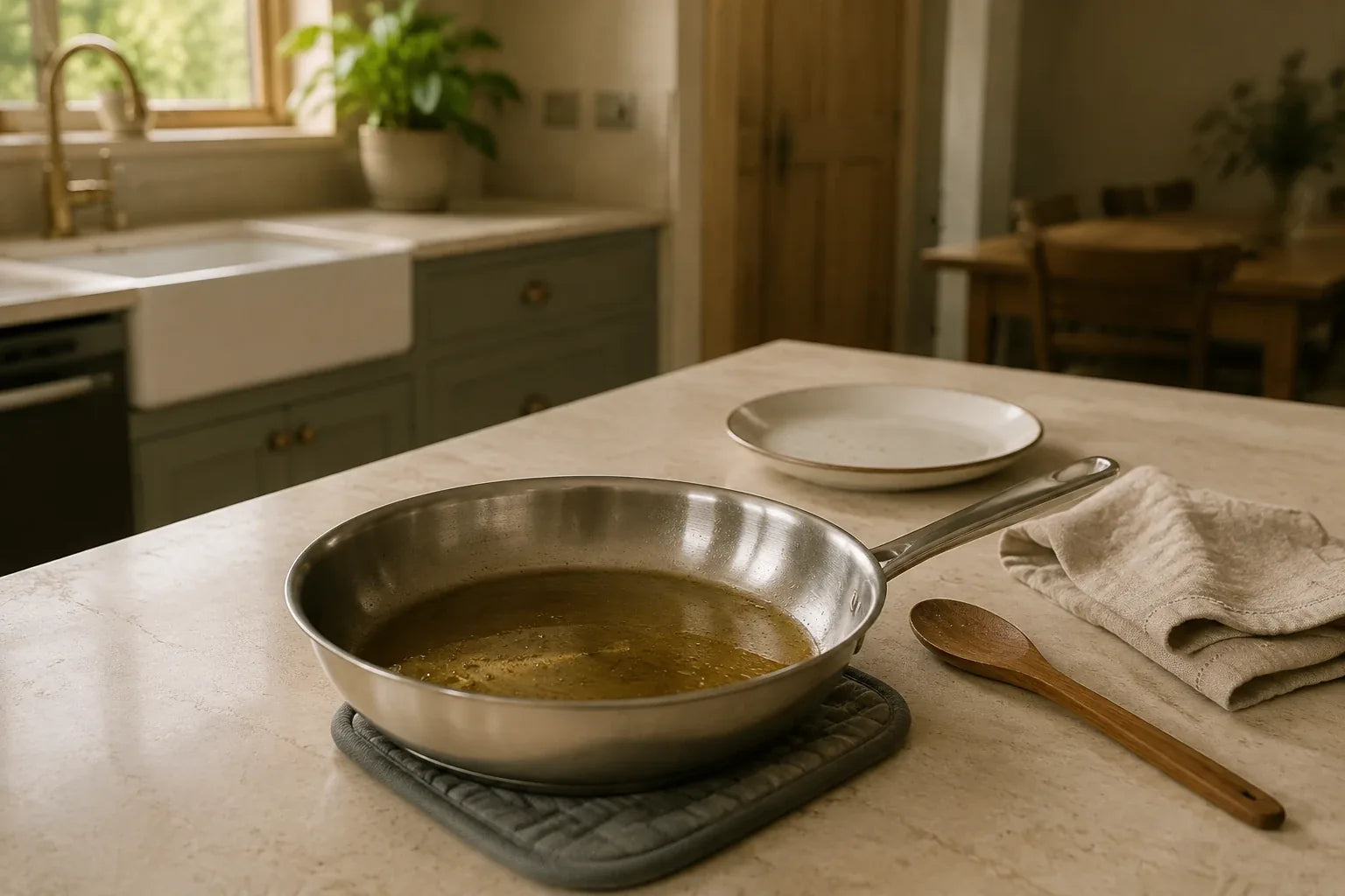 Illustrative kitchen with used cooking oil in a frying pan.