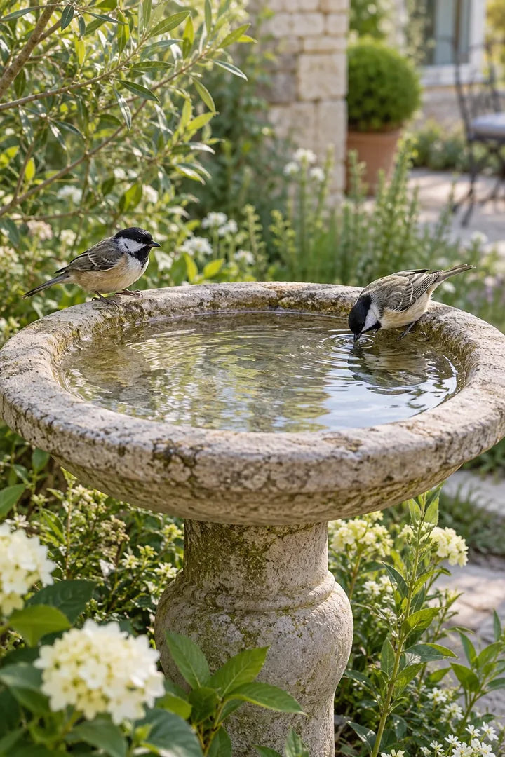Generated scene illustration of a garden birdbath.