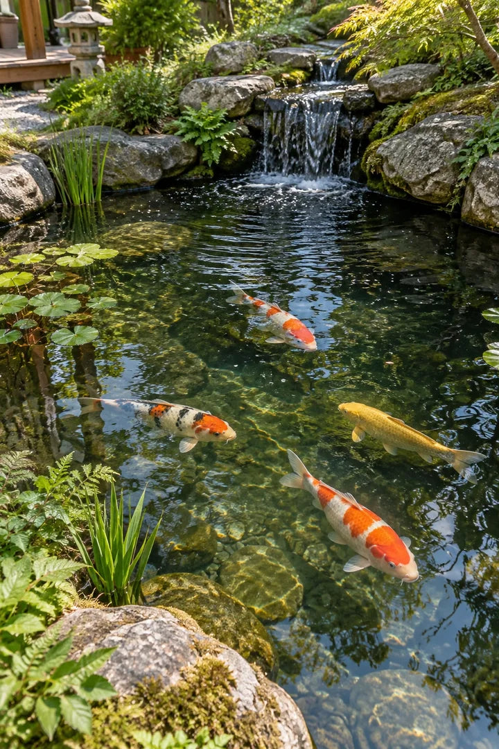 Generated scene illustration of a koi pond in a garden.