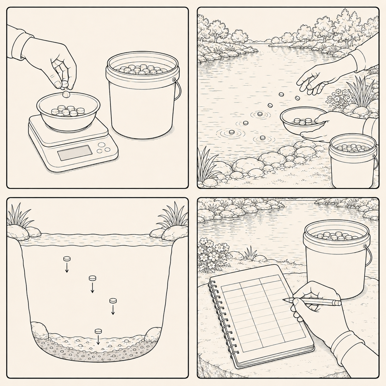 Cutaway showing tablets sinking to the pond bottom.