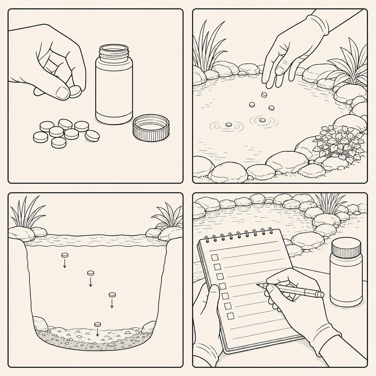 Preparing the label-directed amount of pond treatment tablets.