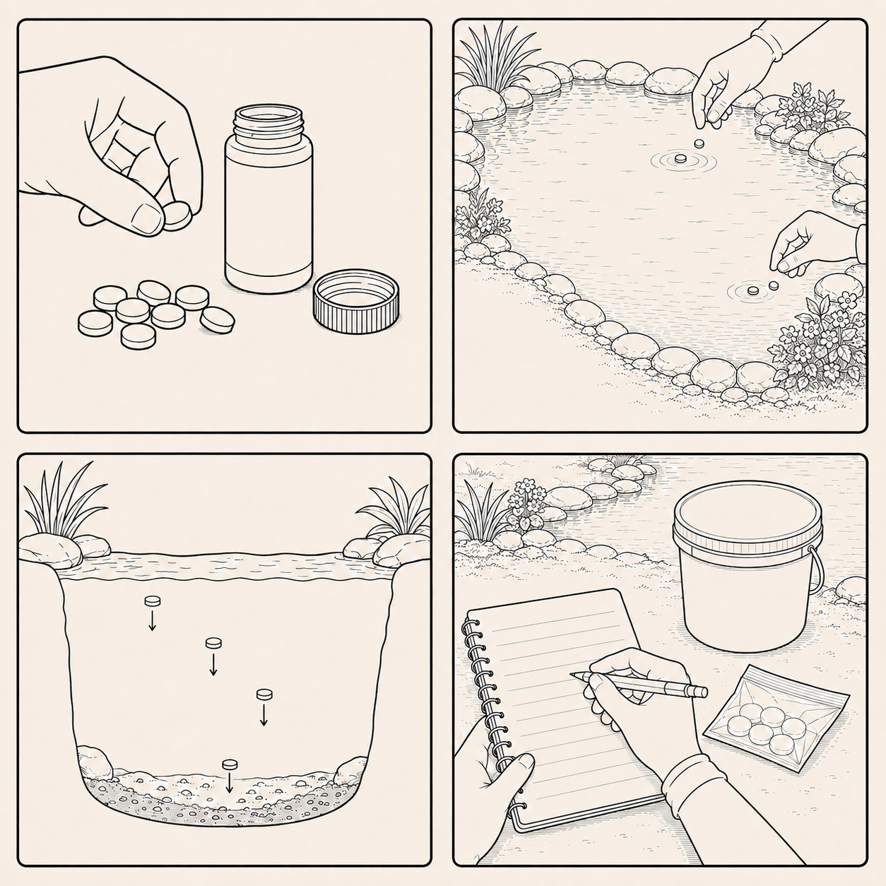 Distributing tablets at several safe bank positions; depicted counts illustrate the action only.